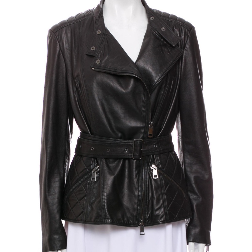 Burberry Biker Jacket Black Leather Quilted Belted Lambskin Motorcycle